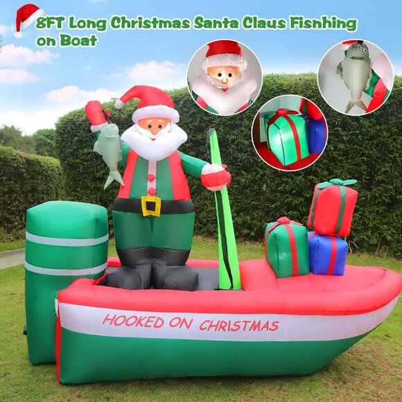 🆕8FT Christmas Inflatables Santa Claus Fishing on a Boat Outdoor Decorations - Picture 4 of 7